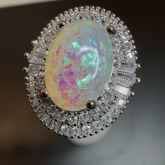 Oval Opal Cocktail Ring With Imitation Rhodium & CZ Halo Size 10 - Picture 1 of 6